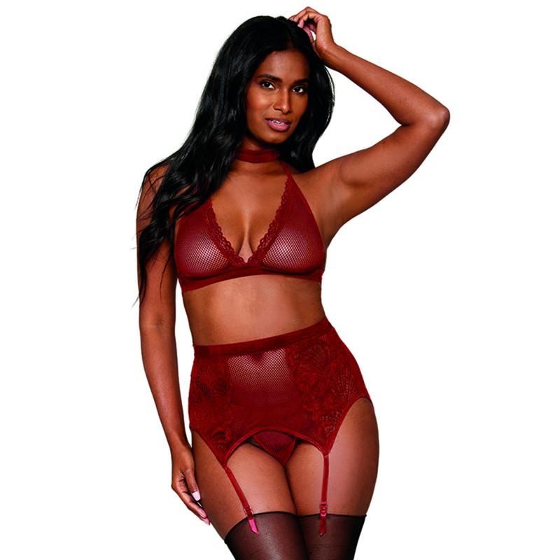 Ensemble 4 pièces soutien gorge, tour de cou, string et porte jarretelles rouge
