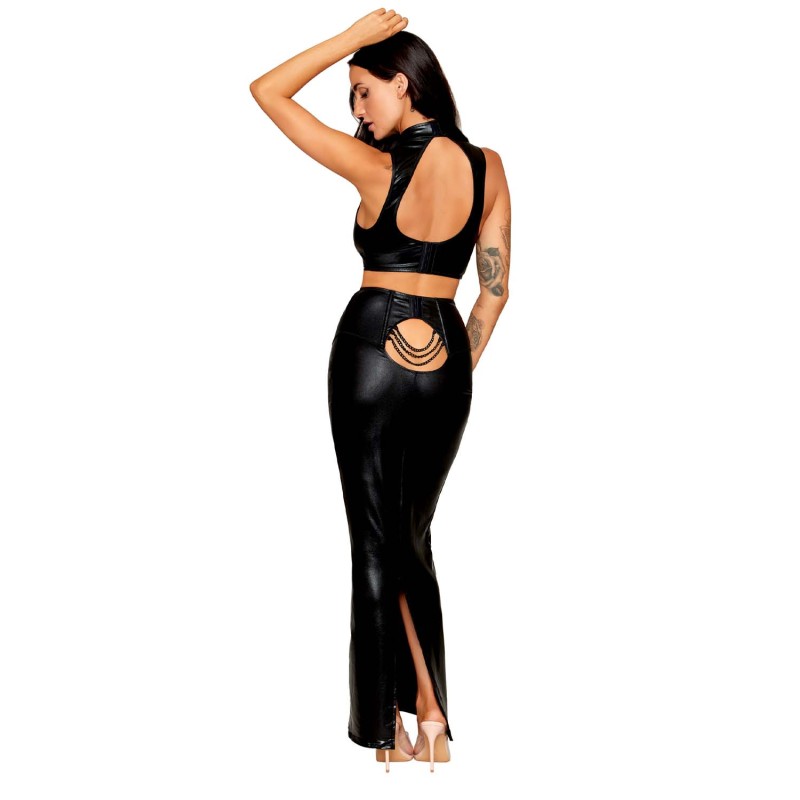 Ensemble Soutien-gorge et jupe longue noir en simili cuir