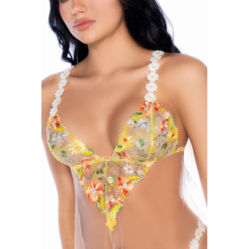Nuisette tulle jaune brodé et string