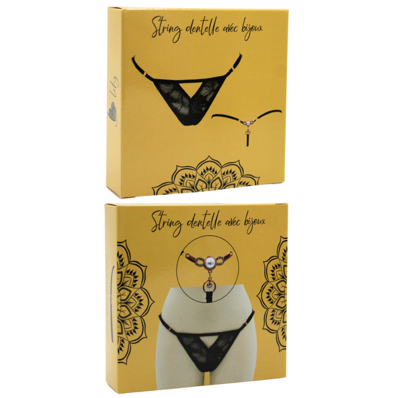 String Noir avec Bijou Perle et Strass Dorés