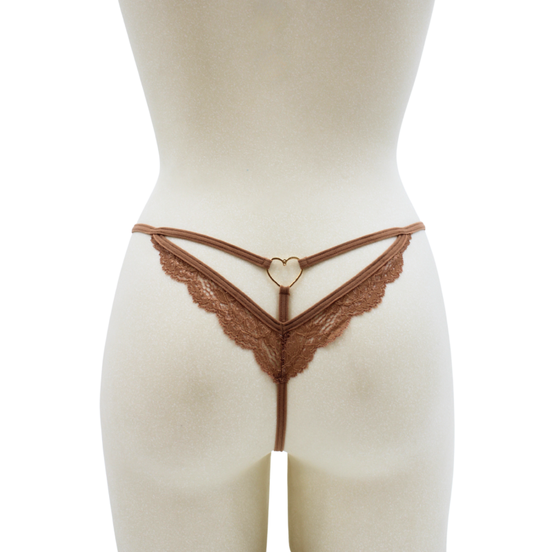 String Taupe Dentelle avec Bijou Cœur Doré