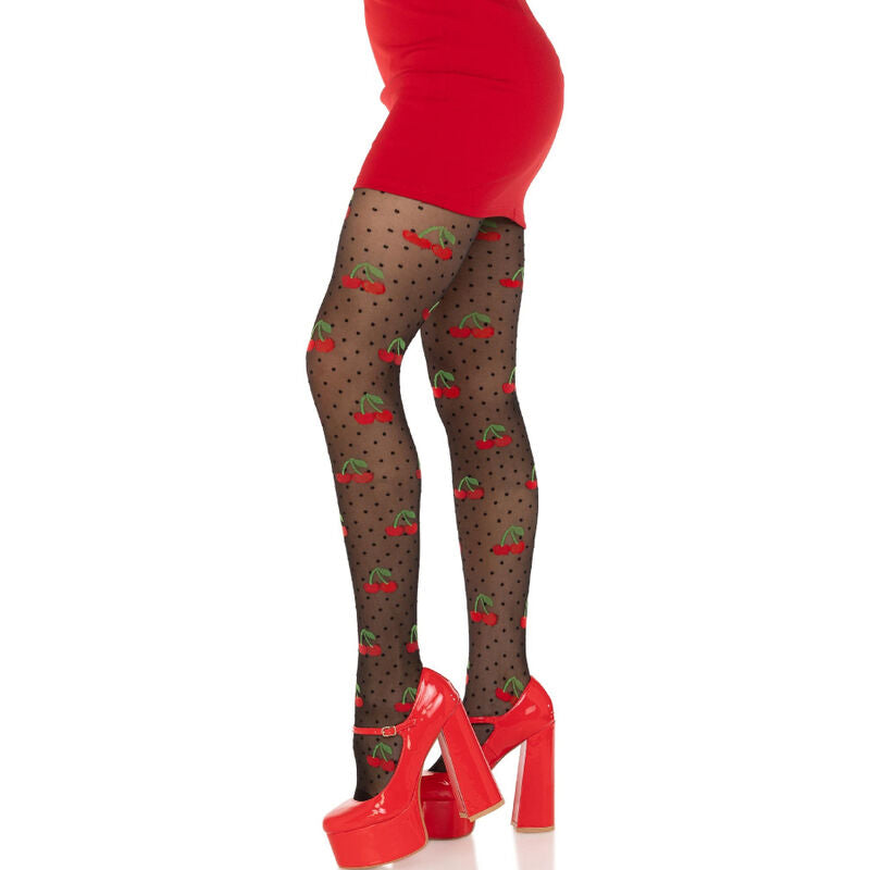 Collants noirs transparents à pois et cerises