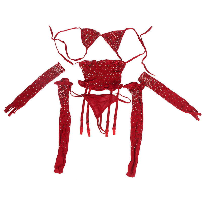 Body en résille rouge avec gants et diamants Sublime