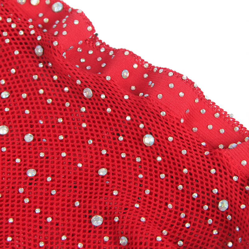 Body en résille rouge avec gants et diamants Sublime