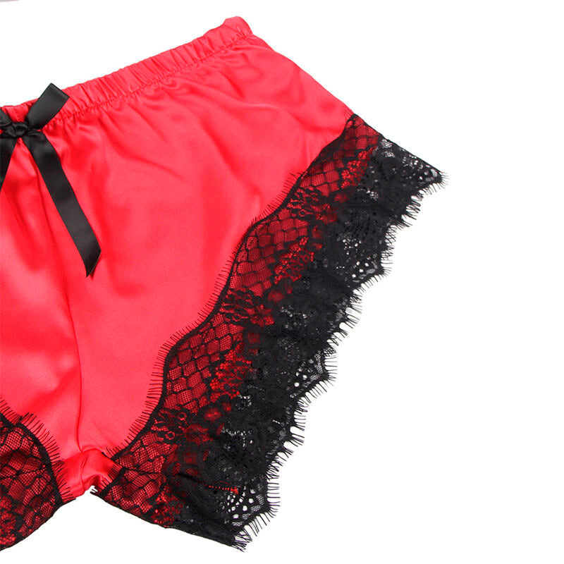 Chemise de Nuit Décontractée en Soie et Pantalon en Dentelle Noir/Rouge Subblime