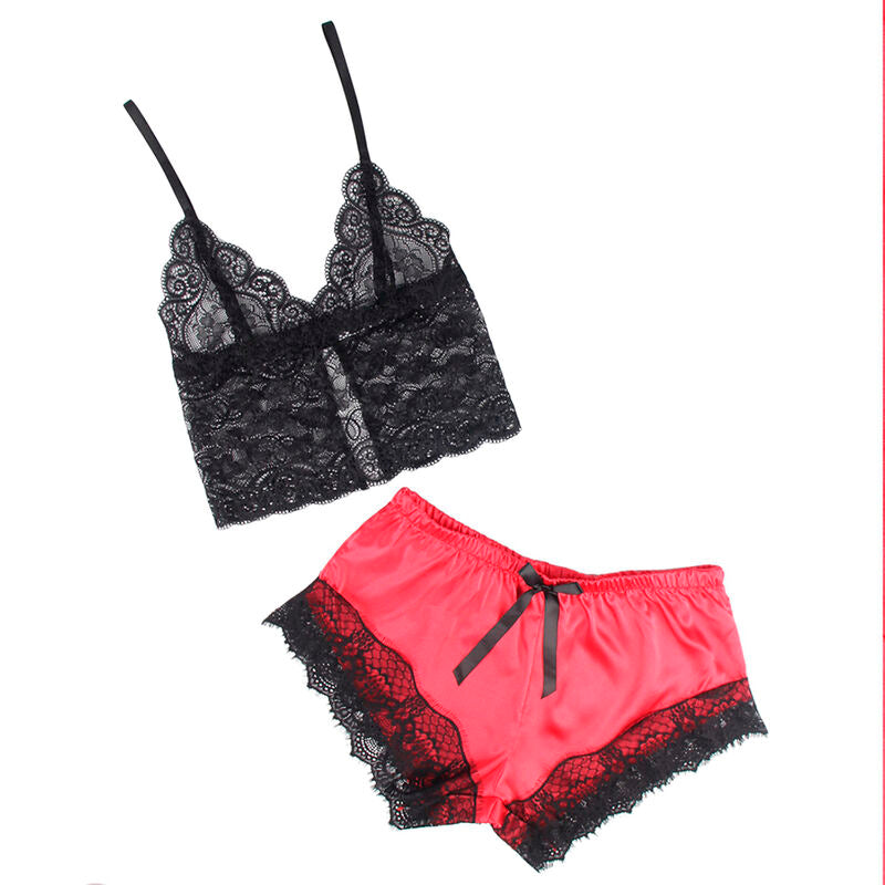 Chemise de Nuit Décontractée en Soie et Pantalon en Dentelle Noir/Rouge Subblime