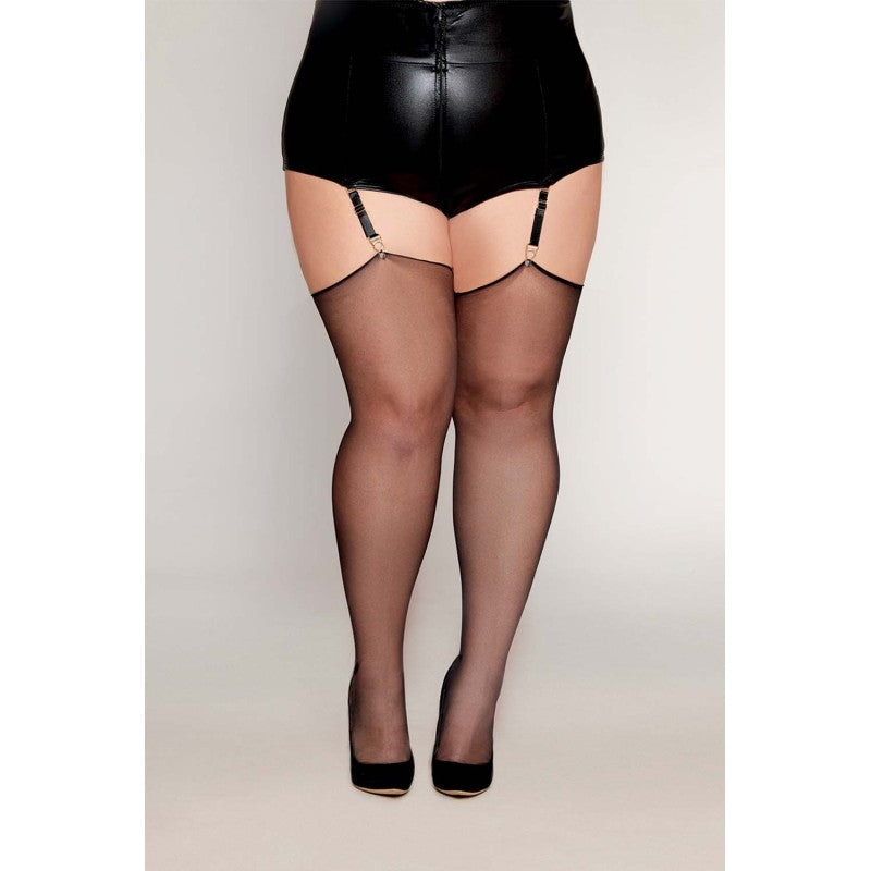 Bas noir, grande taille, en résille transparente avec couture arrière