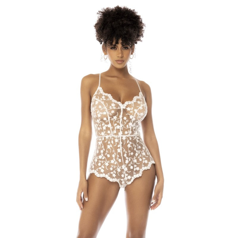 Body blanc transparent Celina avec dentelle brodée florale, bretelles ajustables