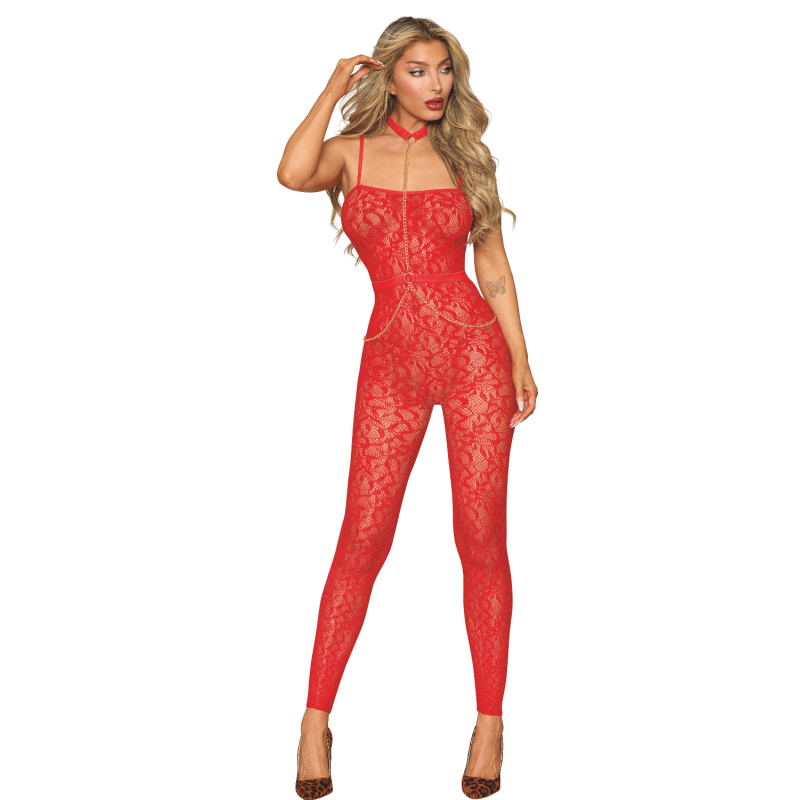 Bodystocking sans couture, fantaisie rouge avec chainettes amovibles