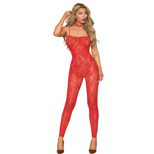 Bodystocking sans couture, fantaisie rouge avec chainettes amovibles