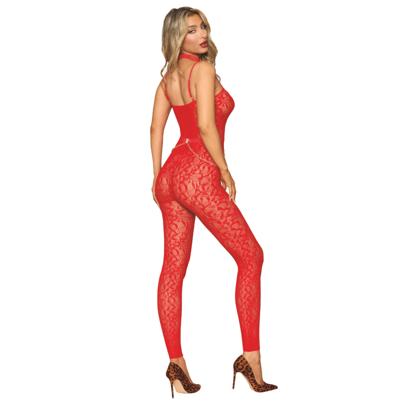 Bodystocking sans couture, fantaisie rouge avec chainettes amovibles