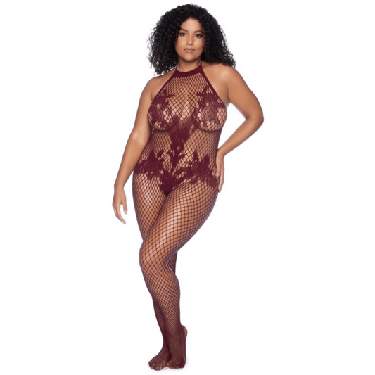 Combinaison grande taille en résille couleur cerise