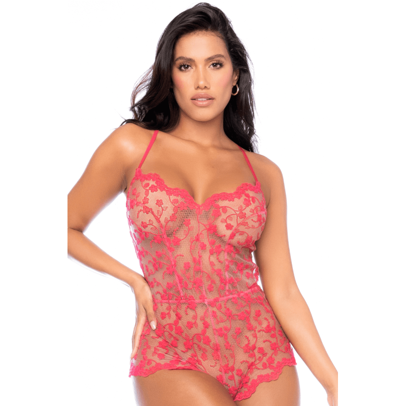 Combishort en dentelle transparente couleur cerise