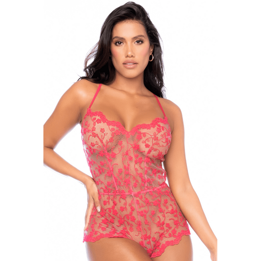 Combishort en dentelle transparente couleur cerise