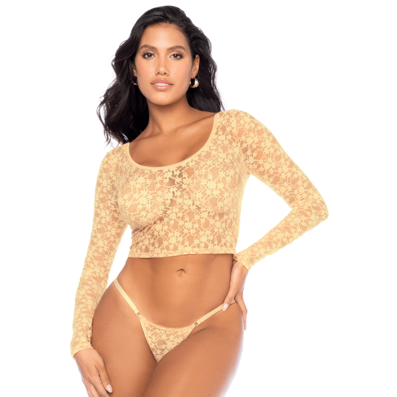 Ensemble dentelle jaune pastel, crop top et string