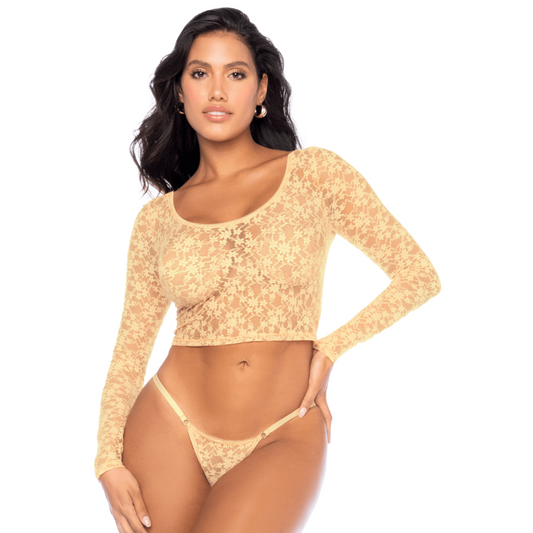 Ensemble dentelle jaune pastel, crop top et string