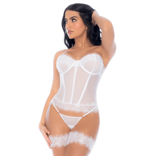 Ensemble 4 pièces blanc, bustier, string et 2 jarretières