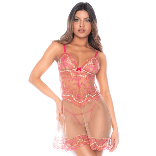 Nuisette en résille brodée avec string