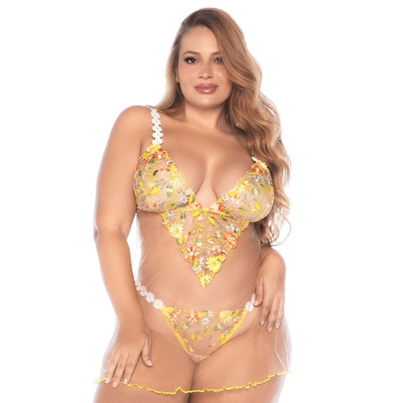 Nuisette tulle jaune grande taille et string