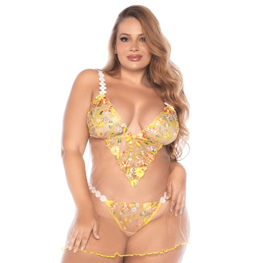 Nuisette tulle jaune grande taille et string