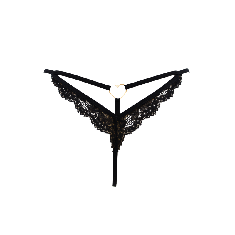String Noir Dentelle avec Bijou Cœur Doré