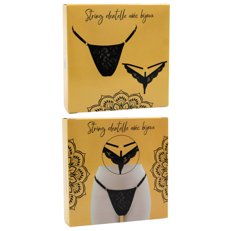 String Noir Dentelle avec Bijou Cœur Doré
