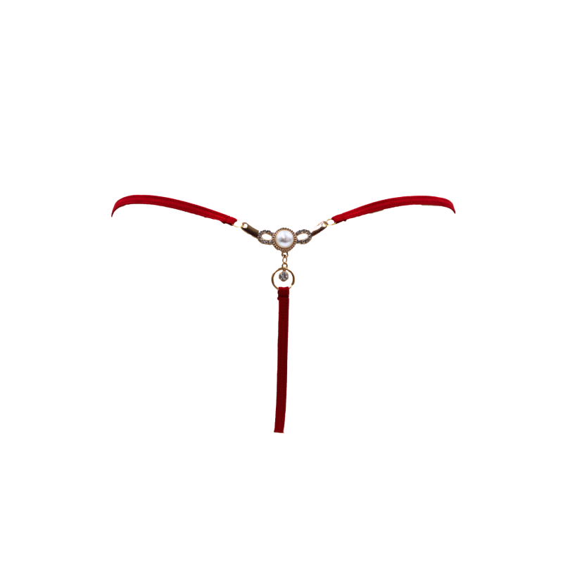 String Rouge avec Bijou Perle et Strass Dorés
