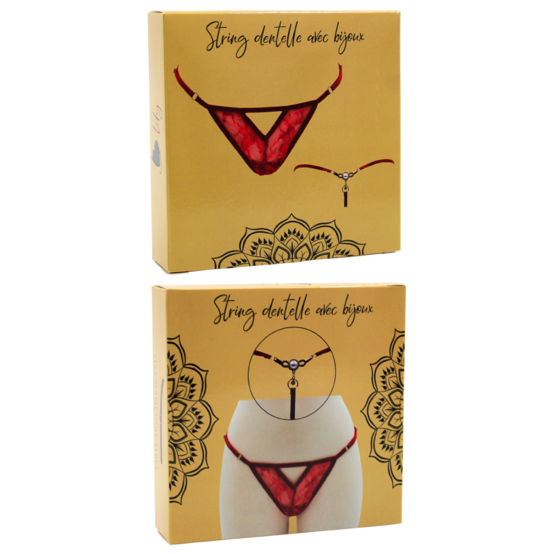 String Rouge avec Bijou Perle et Strass Dorés