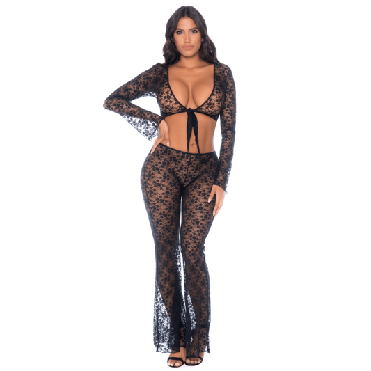 Top et pantalon en dentelle florale noire