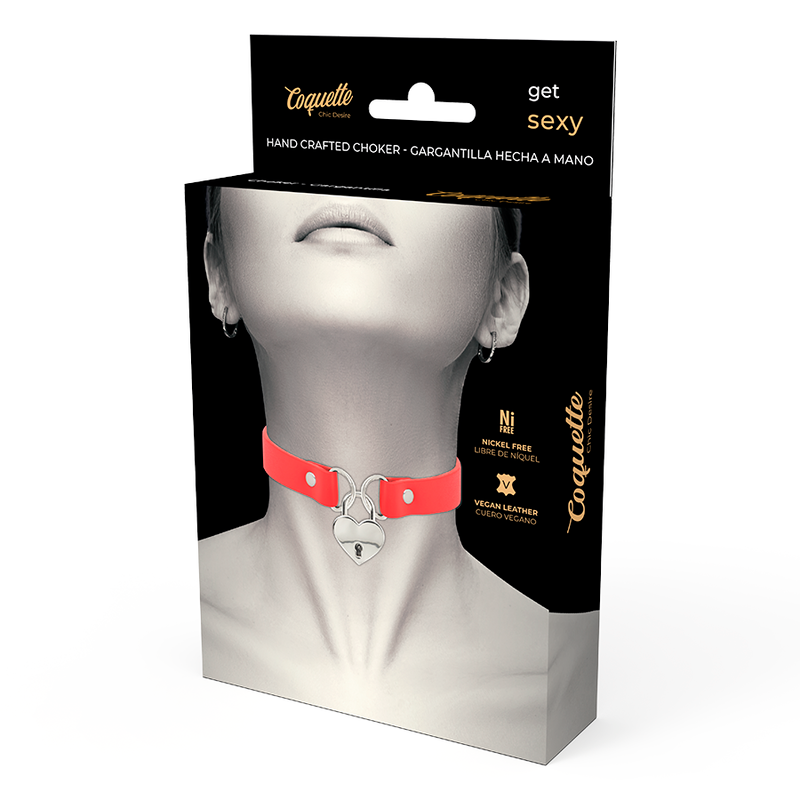 Collier en cuir végan rouge avec cœur et clé