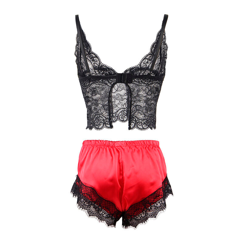 Chemise de Nuit Décontractée en Soie et Pantalon en Dentelle Noir/Rouge Subblime