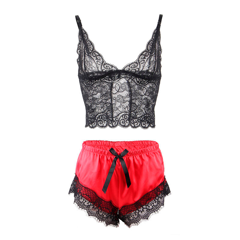 Chemise de Nuit Décontractée en Soie et Pantalon en Dentelle Noir/Rouge Subblime