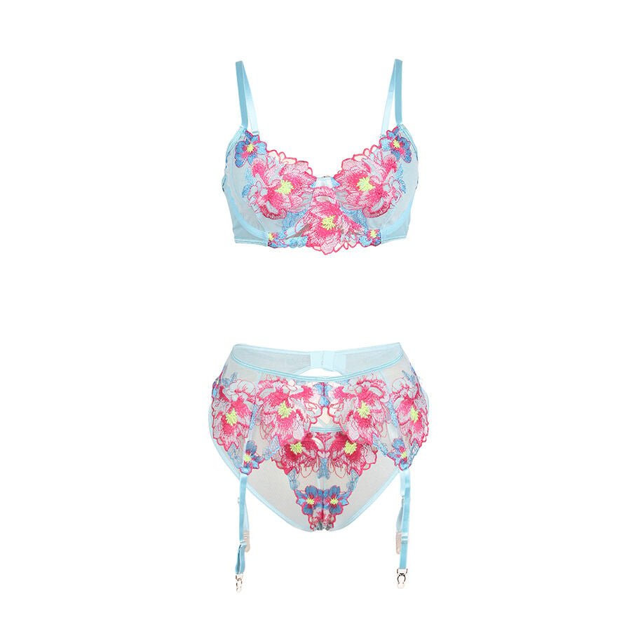 Ensemble soutien-gorge et porte-jarretelles brodé fleurs rose