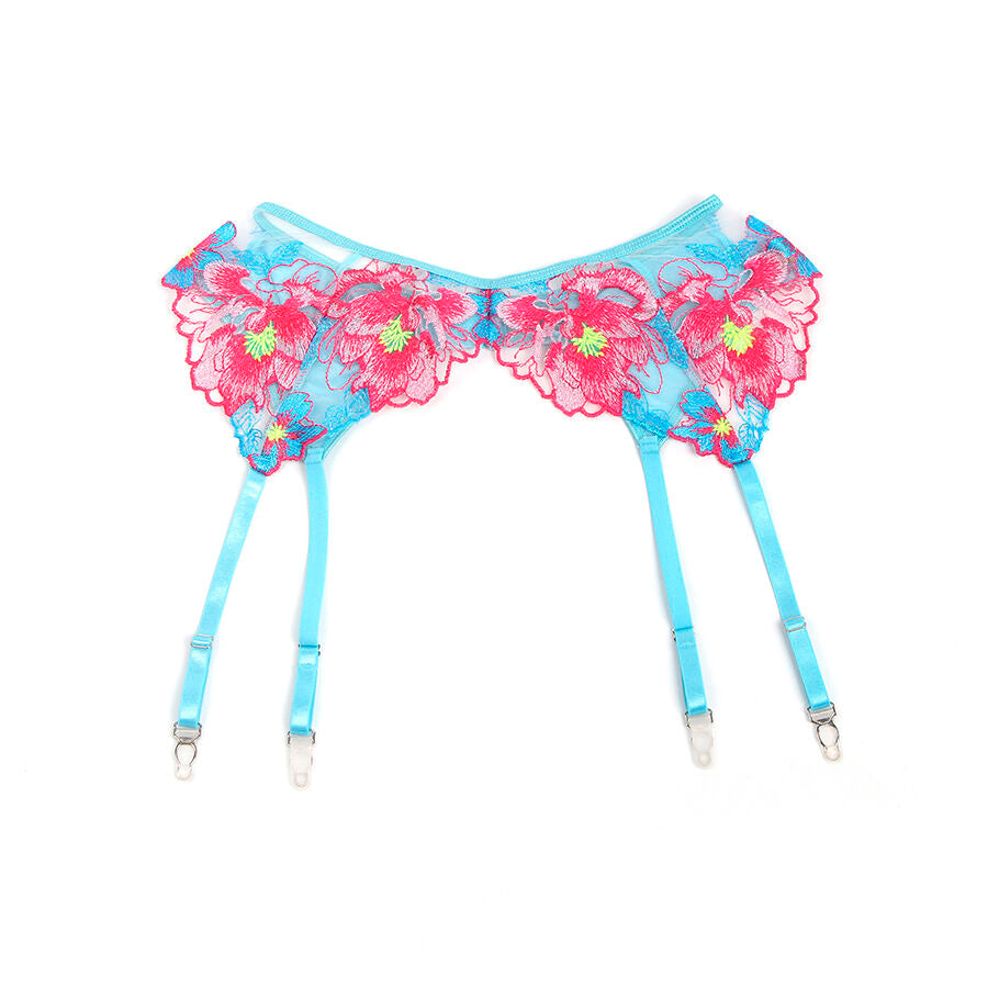 Ensemble soutien-gorge et porte-jarretelles brodé fleurs rose