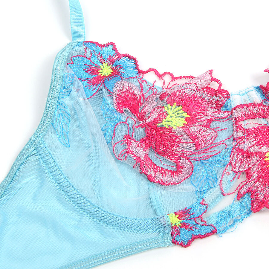 Ensemble soutien-gorge et porte-jarretelles brodé fleurs rose
